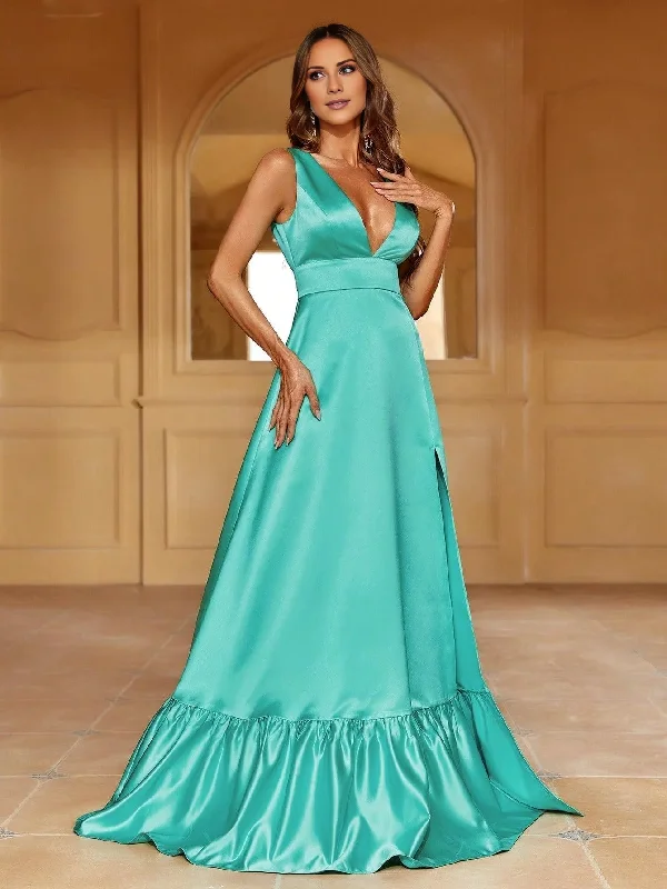 Affordable Women's Attire Chic & Cozy Apparel V-neck sleeveless ruffle hem with side slit and floor length Prom Dress - LD Dress