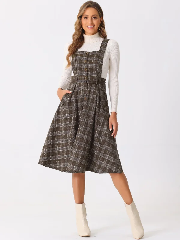 Women's Casual Outfit Enjoy Discount Plaid Overall Vintage Sleeveless Pockets A-Line Pinafore Dress