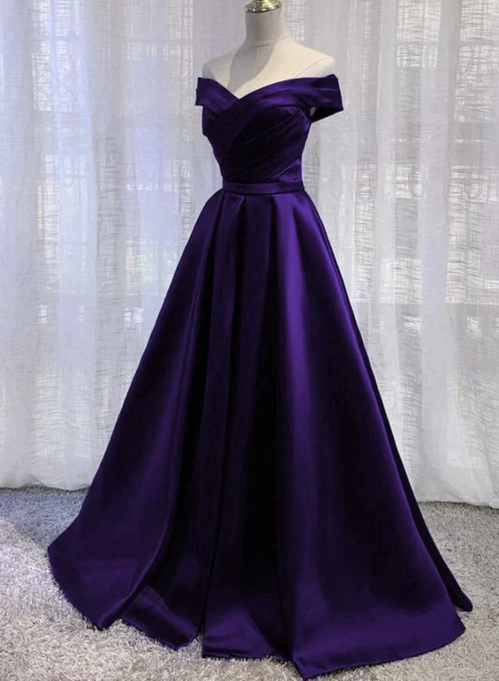 Women's Functional Outfit For Outdoor Activities Classic Appeal Purple Satin Off Shoulder Long Prom Dress, A-line Simple Purple Formal Dress