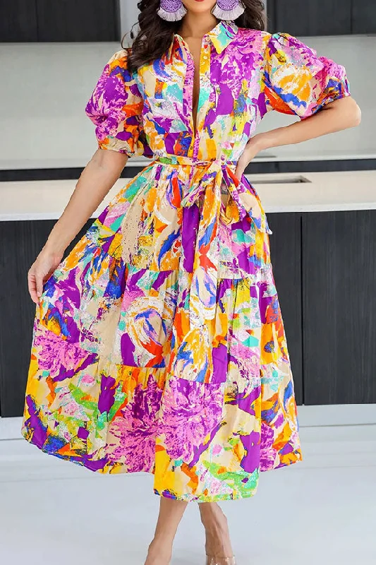 Women's Active Garments For Workouts Elegant Style Abstract Print Colorful Belted Tiered Ruffle Midi Dress