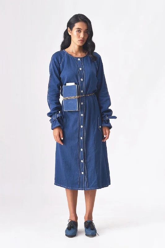 Women's Professional Outfit Score Big On Glamorous Red - Carpet Styles KELLY - Khadi Denim Blue Midi Dress