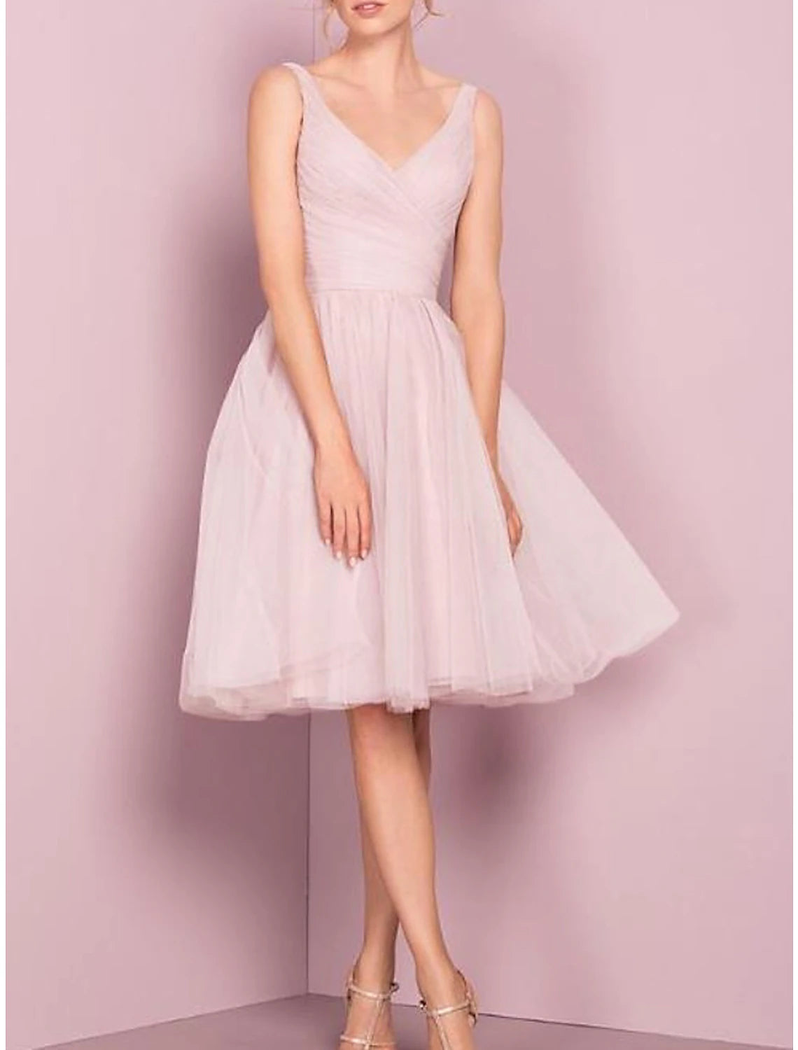 Casual Attire For Women Evening Elegance A-Line Cocktail Dresses Flirty Dress Homecoming Graduation Knee Length Sleeveless V Neck Pink Dress Tulle with Pleats