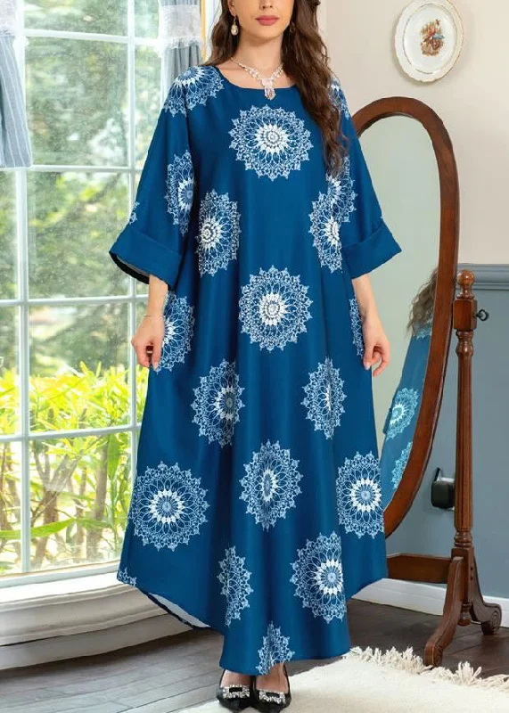 Plus-Size Women's Garments Fashion Essentials Boho Blue O Neck Print Cotton Maxi Dresses Summer