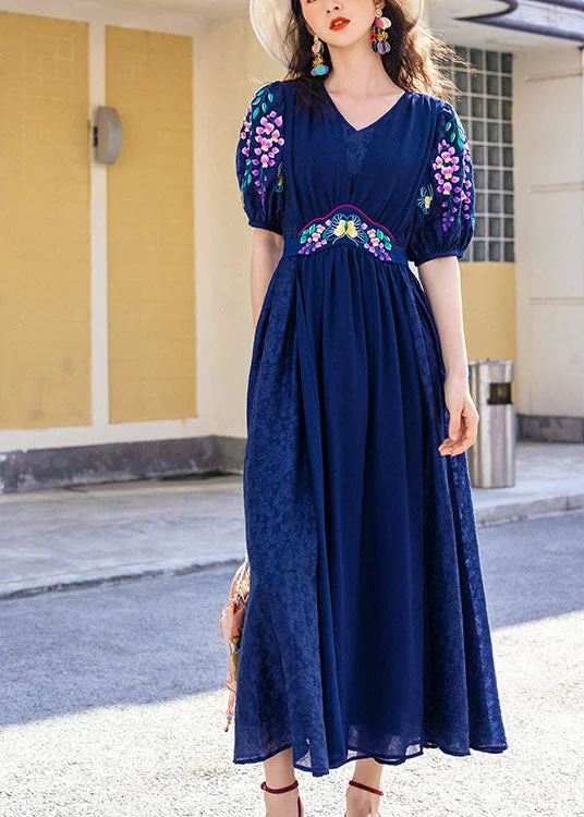 Women's Clothes For Outdoor Events Lighten Up With Nordic Styles French Tibetan Blue Embroideried Patchwork Silk Maxi Dresses Spring