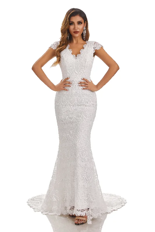 Affordable Women's Clothing Feminine Charm Mermaid Long V-Neck Cap Sleeves Wedding Dress With Lace Appliques