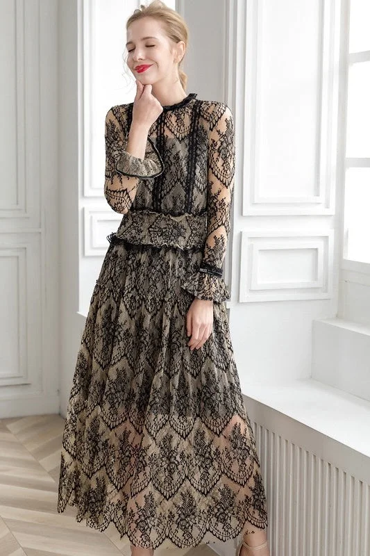 Women's Casual Clothing For Lounging Fashion Forward Femininity Black Lace Maxi Dress