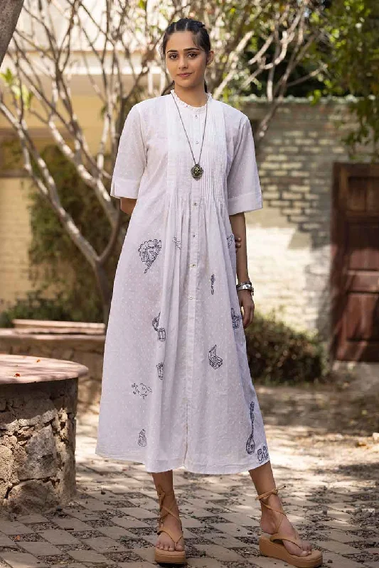 Women's High-Fashion Apparel Premium Fashion White Embroidered Pintuck Midi Dress