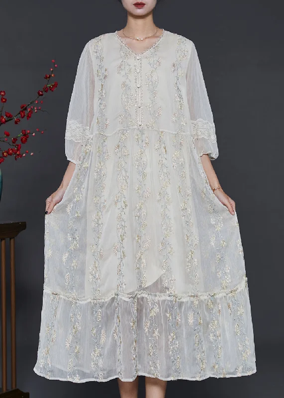 Charming Women's Garments Timeless Elegance Modern White Embroidered Silk Maxi Dresses Summer