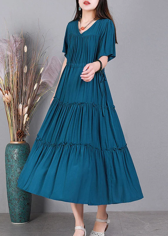 Women's Evening Clothes Flash Sale Handmade Peacock Blue V Neck Solid Color Cotton Maxi Dresses Short Sleeve