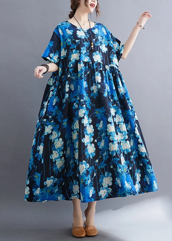 Women's Festive Attire Trendy Women's Wear Plus Size Blue Print Patchwork Vacation Maxi Dresses Short Sleeve