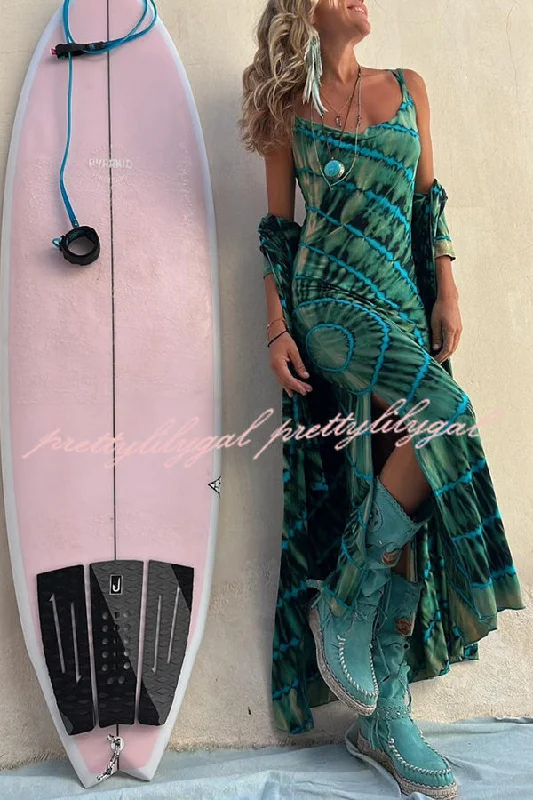 Vintage-Inspired Garments Limited Stock Boho Fashion Tie-dye Print Cowl Neck Stretch Slit Midi Dress