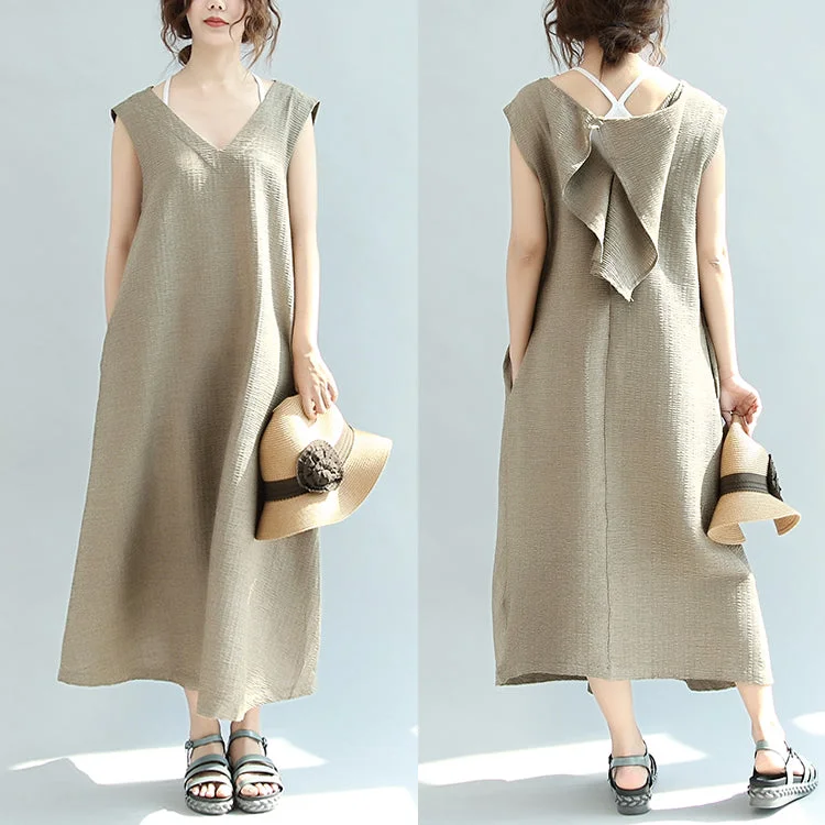 Chic Women's Outfit Limited Stock Original khaki casual linen dresses plus size v neck sundress sleeveless maxi dress