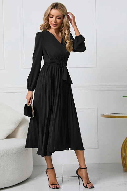 Women's Comfortable Lounge Attire Effortless Chic Apparel V-Neck Long Sleeve Tie Waist Midi Dress