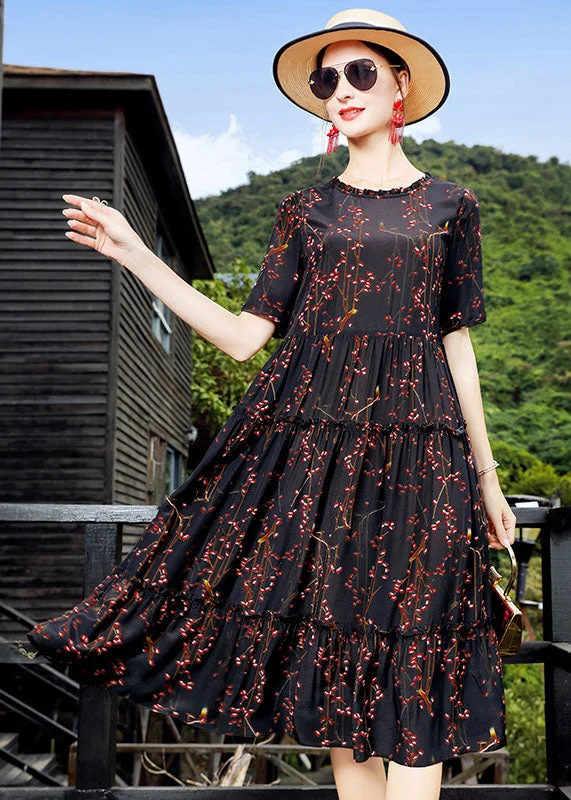 Women's Holiday Clothes Today Only Bohemian Black O-Neck Ruffled Print Silk Maxi Dress Short Sleeve