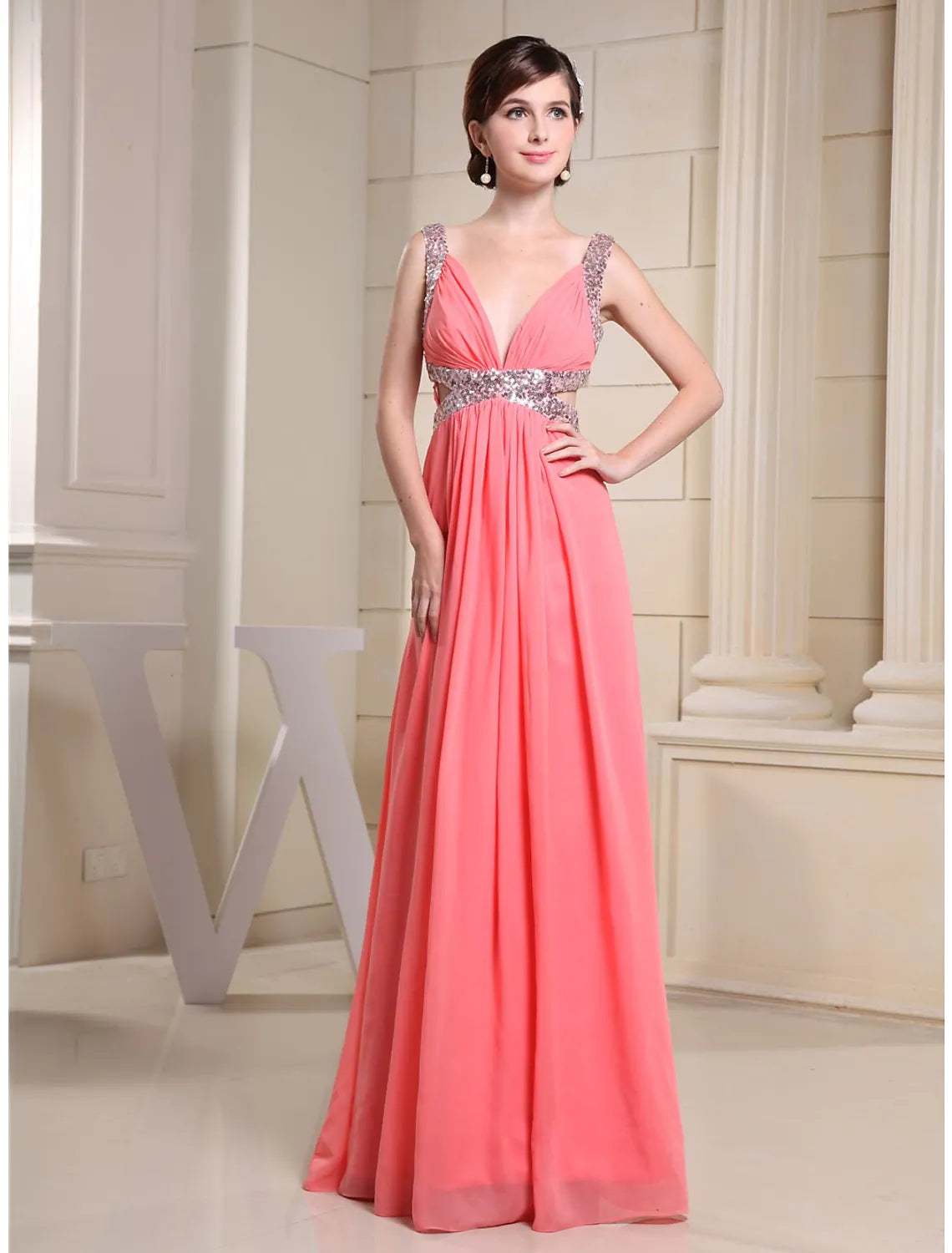 Women's Seasonal Clothing Fashion Sale A-Line Evening Gown Sparkle Dress Engagement Floor Length Sleeveless V Neck Chiffon with Pleats Sequin