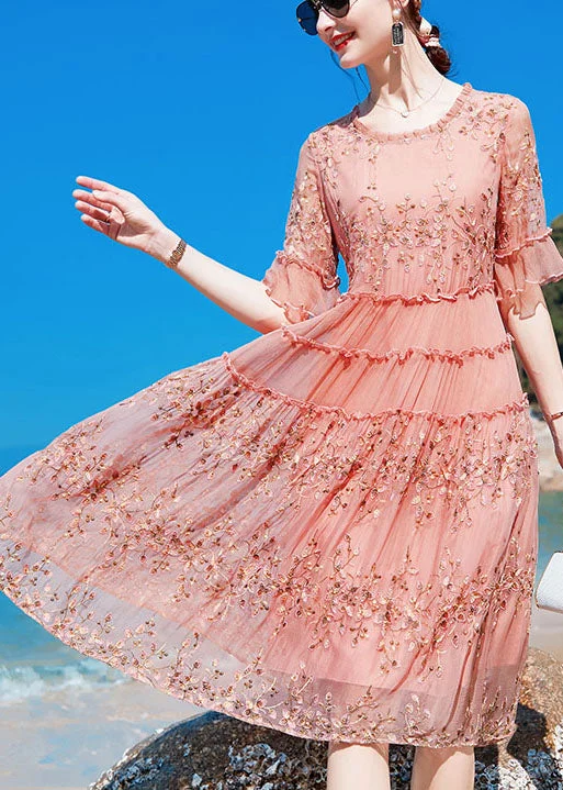 Women's Loungewear Clothes Weekend Special Boho Pink O-Neck Ruffled Print Silk Maxi Dresses Short Sleeve