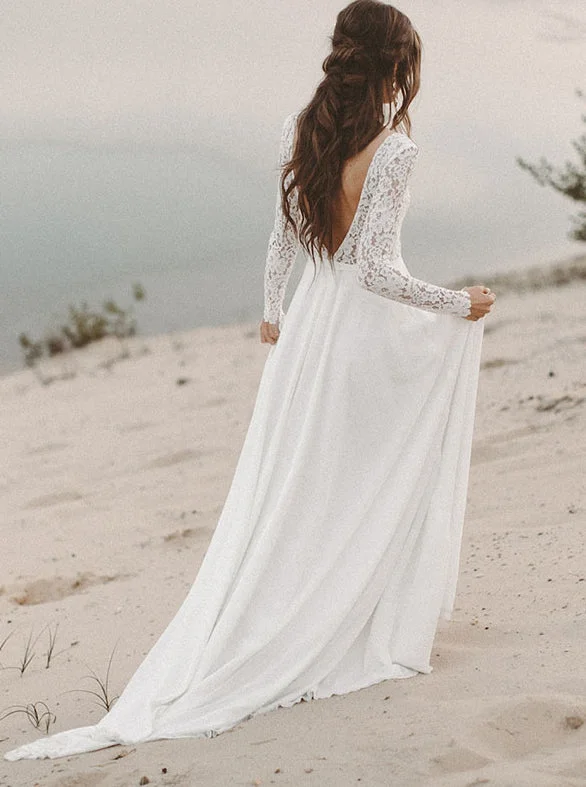 Women's Comfortable Apparel Stylish Savings Lace Long Sleeve Wedding Dress Chiffon Beach Bridal Dress OW514