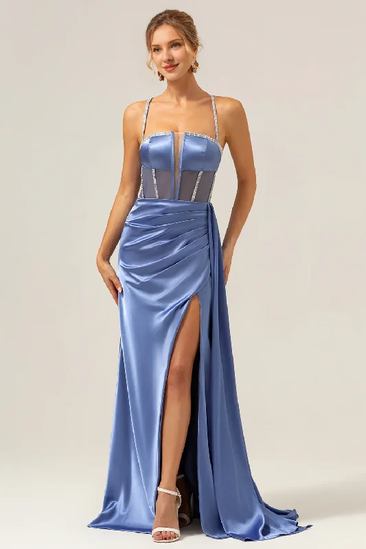 Women's Comfortable Lounge Attire Chic Urban Fashion Look Blue tight slim shoulder strap sequined satin tight corset long slit ball dress