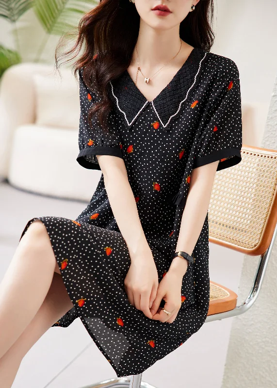 Women's Everyday Apparel Chic Allure Fine Black Peter Pan Collar Dot Print Chiffon Maxi Dresses Short Sleeve