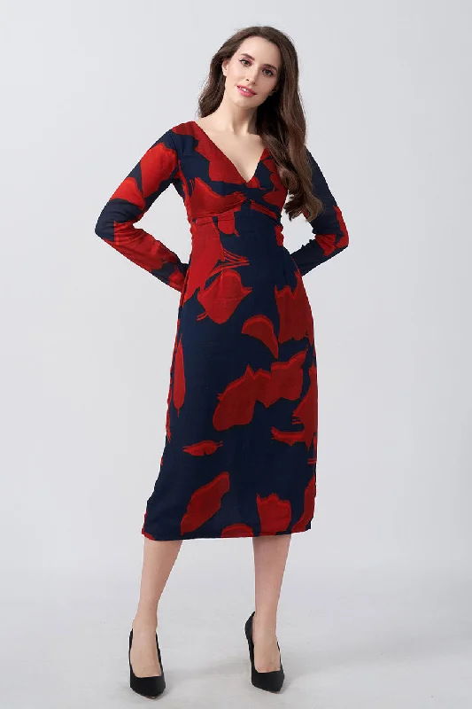 Women's Functional Apparel For Outdoor Activities Bold Fashion Red & Blue Printed Midi Dress