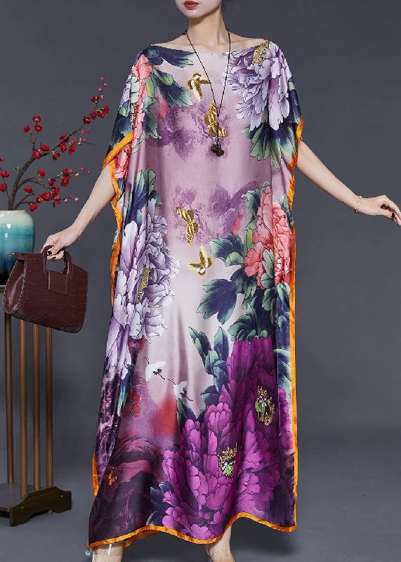 Women's Apparel And Garments Bold Prints Casual Chic Purple Print Silk Maxi Dresses Slash Neck Batwing Sleeve