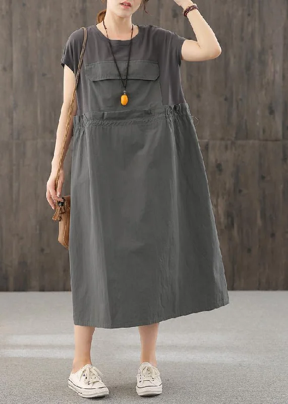 Women's Trendy Outfit Limited Time Handmade o neck Cinched quilting clothes Inspiration dark gray Maxi Dress