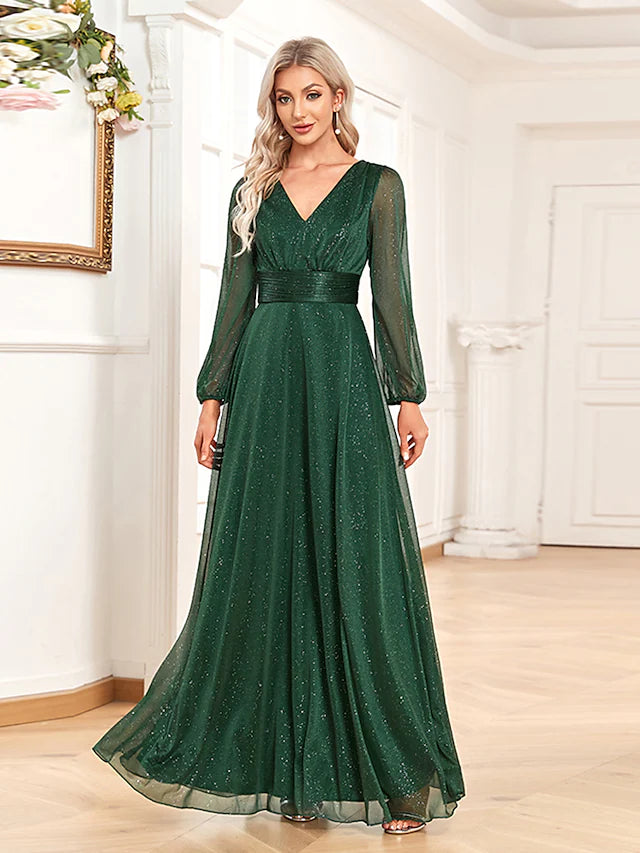 Women's Casual Apparel For Weekends Limited Time Offer A-Line Evening Gown Elegant Dress Formal Floor Length Long Sleeve V Neck Chiffon with Sequin