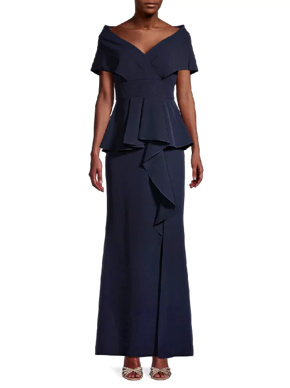 Women's Fashion-Forward Apparel Chic Trends Unveiled 0 - aidan mattox navy off the shoulder ruffled gown