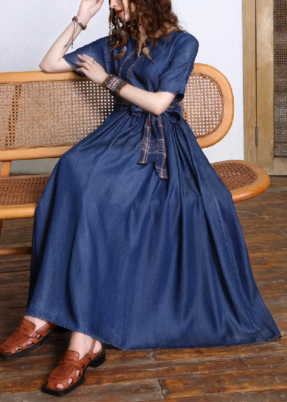 Women's Comfortable Garments Chic Wardrobe Fashion Navy O-Neck Bow Tie Waist Silk Cotton Denim Maxi Dresses Short Sleeve