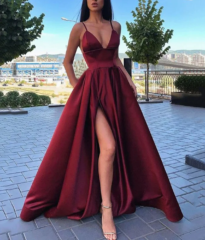 Women's Clothing For Outdoor Events Imeless Style Burgundy satin long prom dress evening dress  8615