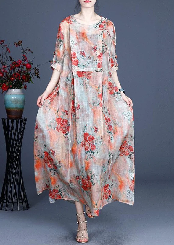 Chic Clothing For Women Clearance Event Orange Slim Fit Print Asymmetrical Summer Ramie Maxi Dress Half Sleeve