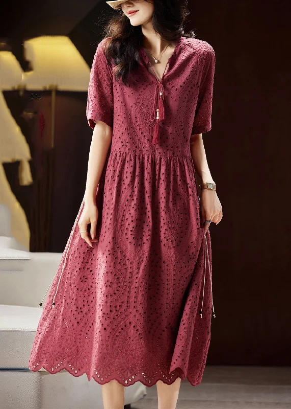 Women's Clothes And Apparel Sets Lightweight Fabric Chic Mulberry V Neck Hollow Out Sashes Cotton Maxi Dress Short Sleeve