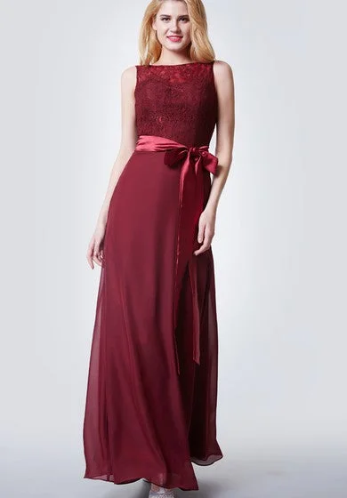 Elegant Women's Evening Garments Limited Time Deal Brilliant Bateau Neck Form-fitted Chiffon Gown With Satin Sash