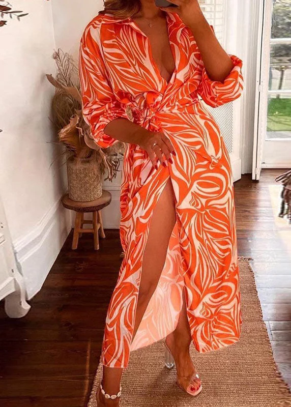 Charming Women's Clothes For Special Events Buy More, Save More Bohemian White Orange Asymmetrical Tie Waist Maxi Dresses Long Sleeve