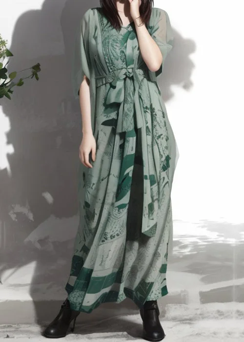 Women's Travel Apparel Elevated Style New Green V Neck Print Silk Maxi Dresses Summer