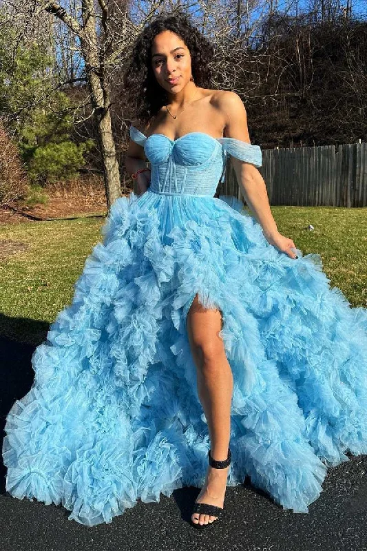 Women's High-Fashion Apparel Season Sale Blue Ruffles Off-the-Shoulder A-Line Prom Gown with Slit