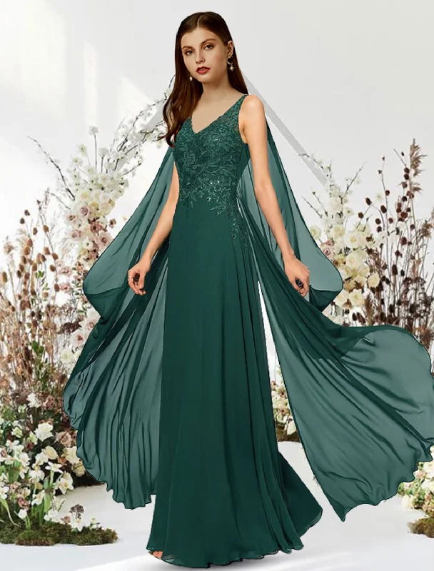 Women's Evening Wear Attire Vibrant Styles A-Line Empire Elegant Engagement Formal Evening Dress V Neck Sleeveless Floor Length Chiffon