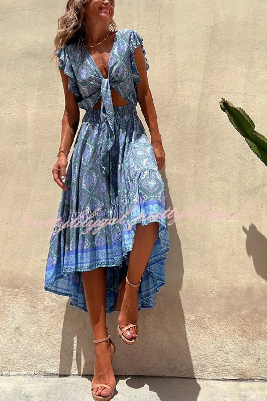 Women's Activewear Garments Ends Soon Libby Hippie Boho Printed Tie Front Ruffle Sleeve Smocked Waist Midi Dress