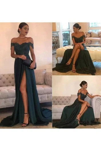 Women's Sporty Clothes Holiday Sale Off-the-shoulder A-line Floor-length Court Train Sleeveless Chiffon Lace Evening Dress with Zipper Back