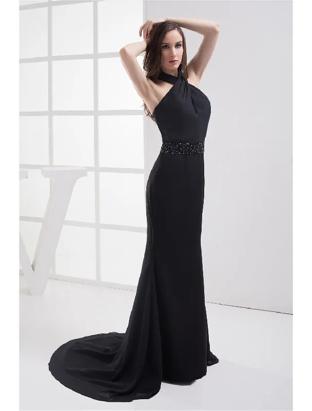 Women's Vintage Clothes Budget Friendly Evening Gown Elegant Dress Formal Evening Court Train Sleeveless Halter Chiffon with Beading