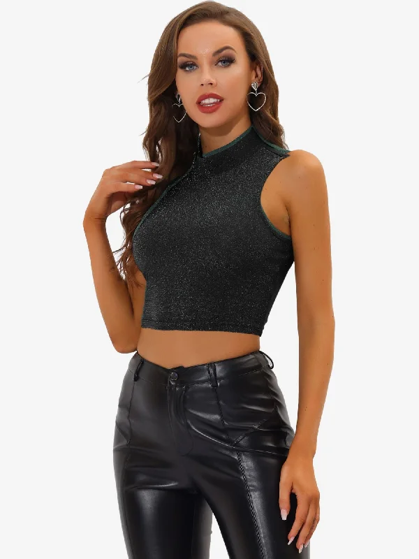 Women's High-Fashion Clothes Limited Quantities Mock Neck Glitter Christmas Keyhole Back Sleeveless Party Crop Top