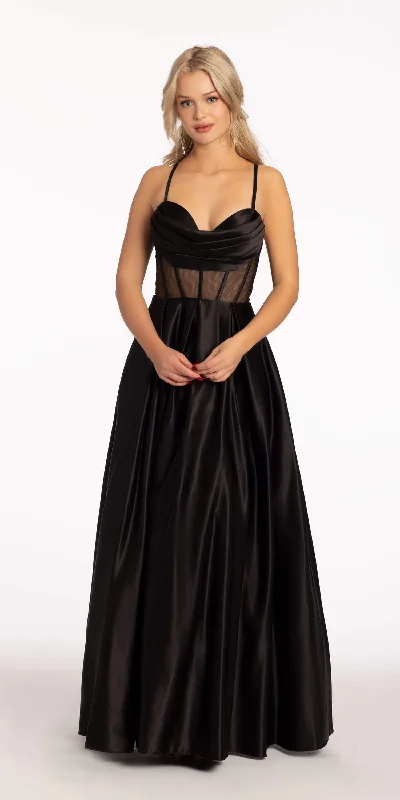 Women's Evening Garments End Of Month Blowout Satin Drape Sheer Corset Ballgown with Pockets