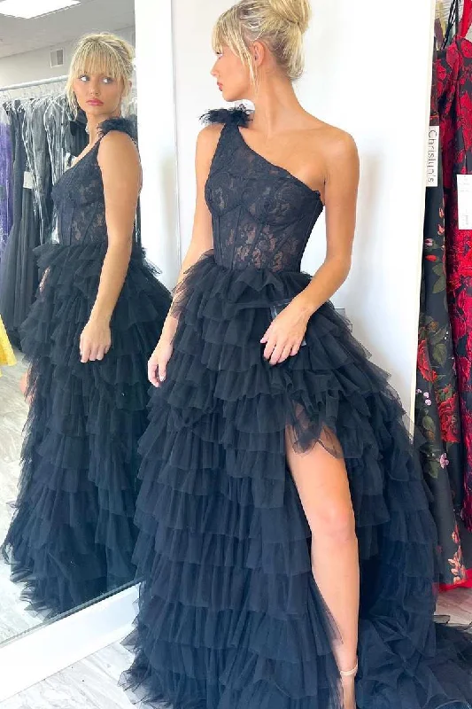 Women's Clothes And Apparel Sets Seasonal Trends Black Lace One-Shoulder Multi-Tiered Ball Gown with Ruffles