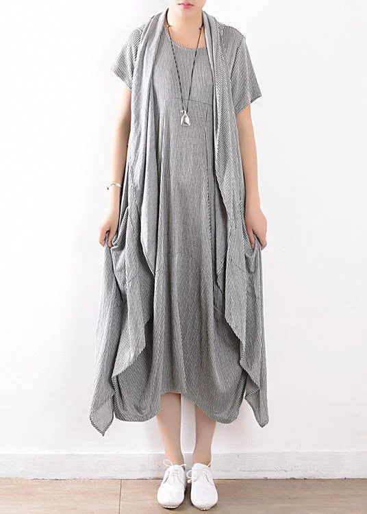 Women's Elegant Outfit Hurry Before It's Gone new 2024 gray linen two pieces sleeveless cardigans and o neck maxi dress