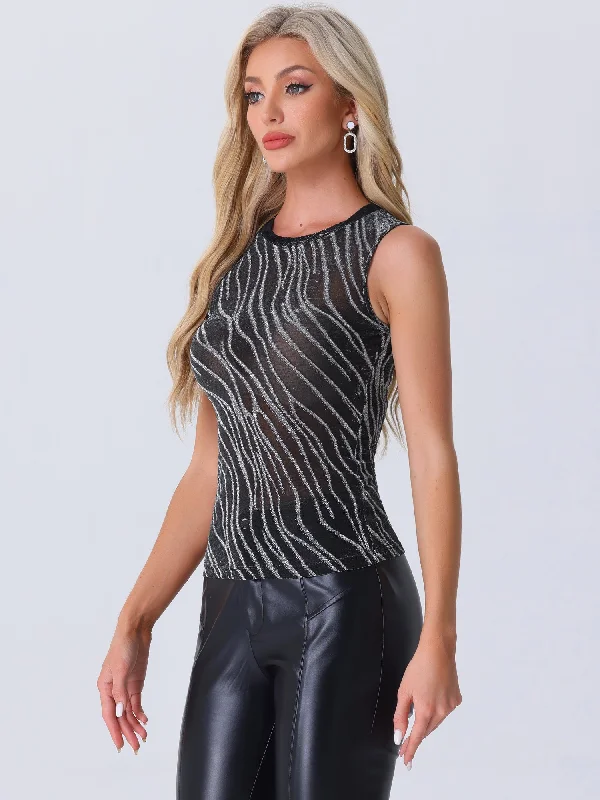 Women's Timeless Attire High End Women's Wear Glitter Striped Trim See Through Sparkly Sleeveless Tops