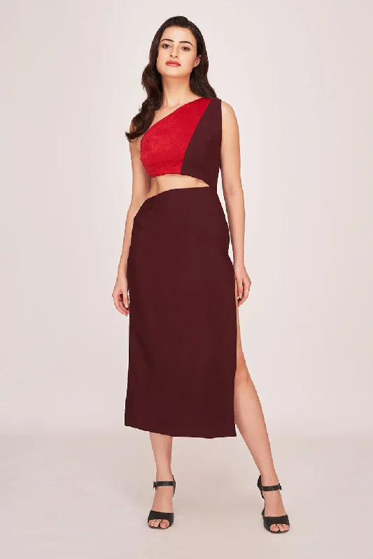 Affordable Trendy Clothes For Women Refined Look Brown & Red Cut-Out Midi Dress