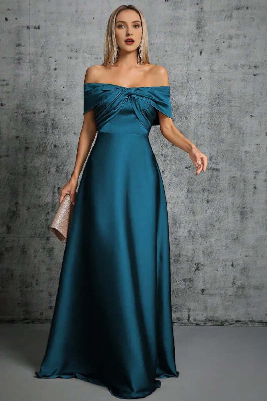 Women's Trendy Clothing Elegant Styles Peacock blue satin off shoulder pleated formal dress