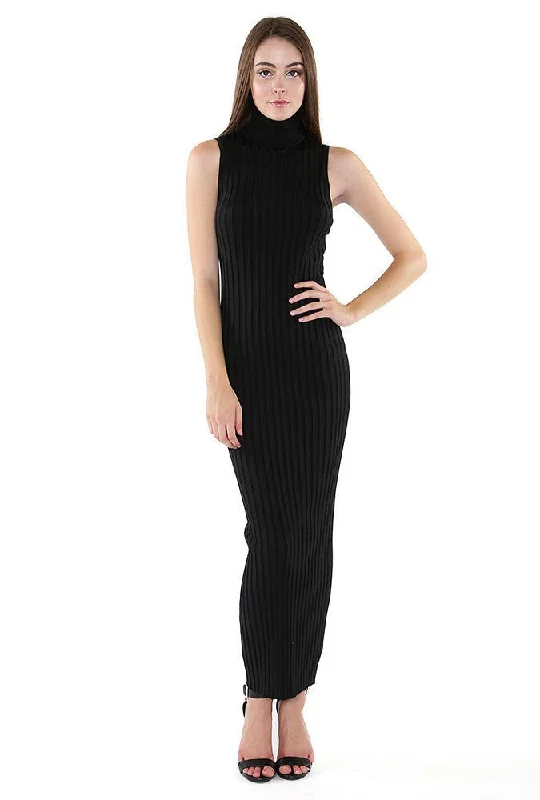 Vintage-Inspired Women's Apparel Latest Fashion Naughty Grl Classy Turtle Ribbed Midi Dress - Black