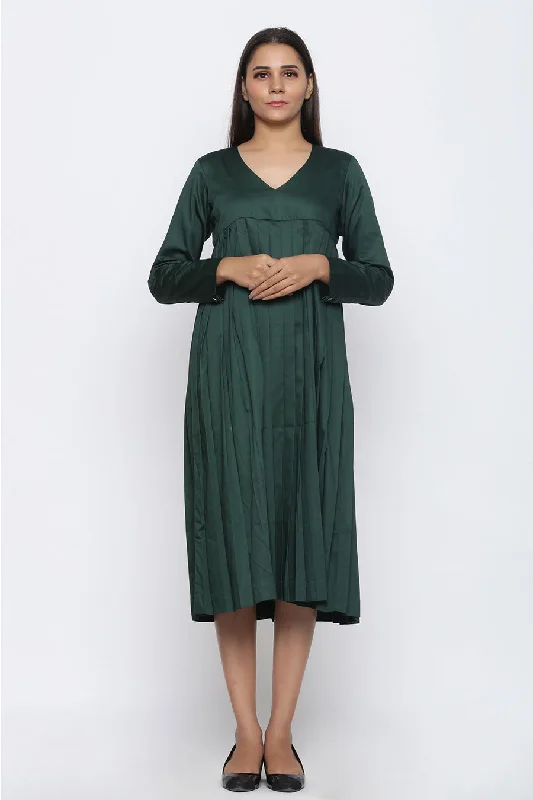 Stylish And Comfortable Clothing For Women Hollywood Glam Award - Show Style Bottle Green Pleated Midi Dress