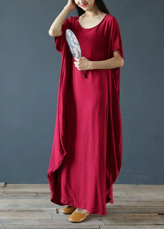 Women's Transitional Outfit Discount Extravaganza 100% o neck Extra large hem summer clothes Sleeve burgundy Maxi Dress